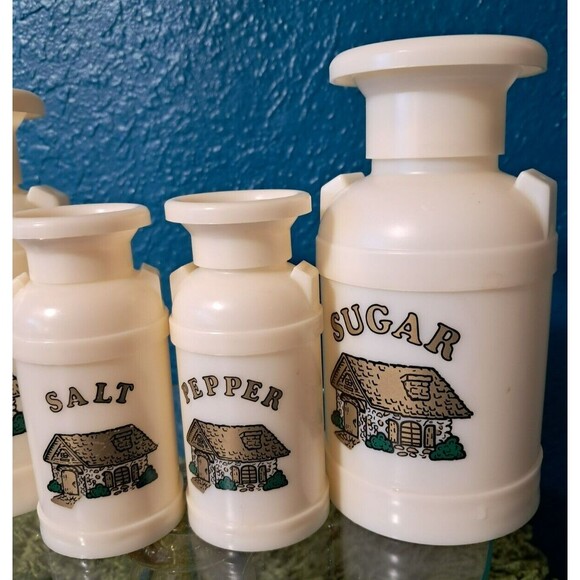1970's Plastiques Inc Cream, Sugar, Salt, & Pepper Kitchen Set Vintage White - Picture 2 of 12
